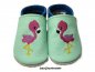 Preview: lederpuschen mint azur mit beiderseits Stickerei Flamingo